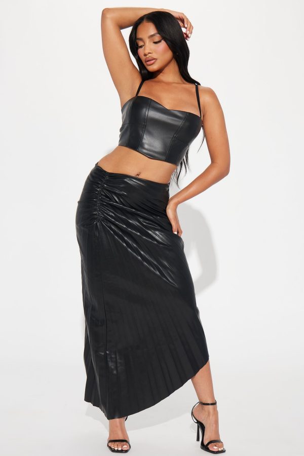 Dinner Date Faux Leather Midi Skirt - Black