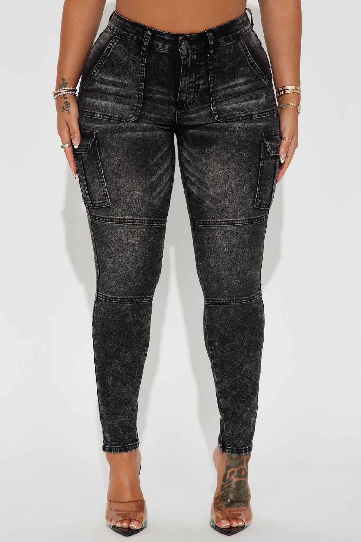 Jallisa Stretch Acid Wash Cargo Skinny Jeans - Black Wash