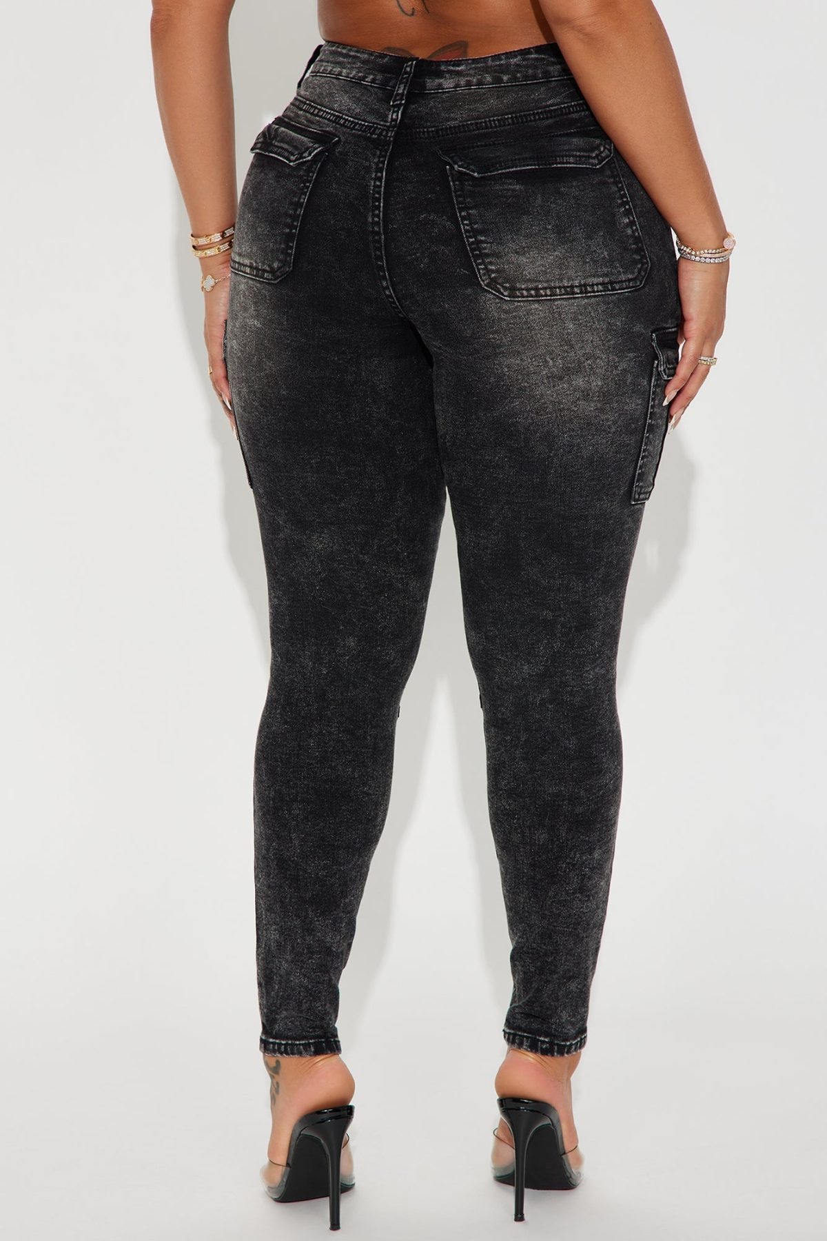 Jallisa Stretch Acid Wash Cargo Skinny Jeans - Black Wash