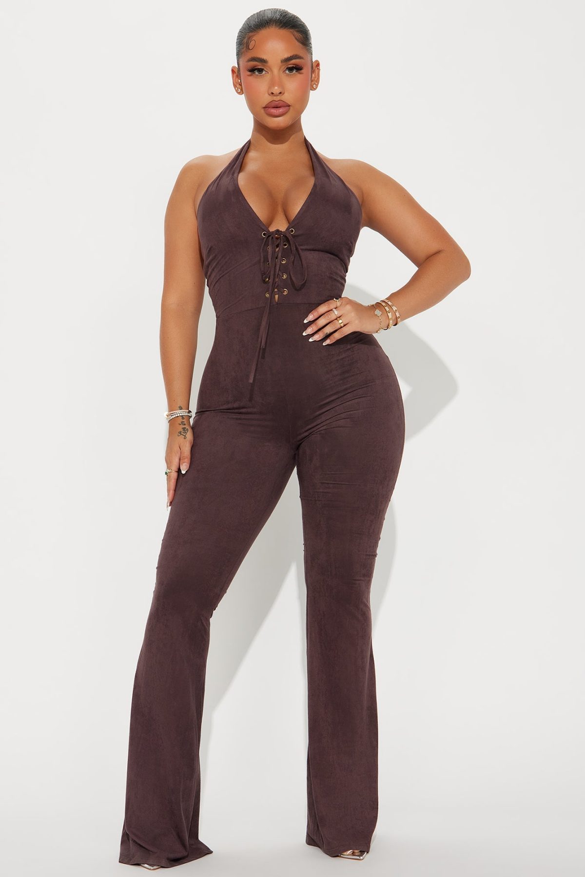 Country Girl Faux Suede Jumpsuit - Brown