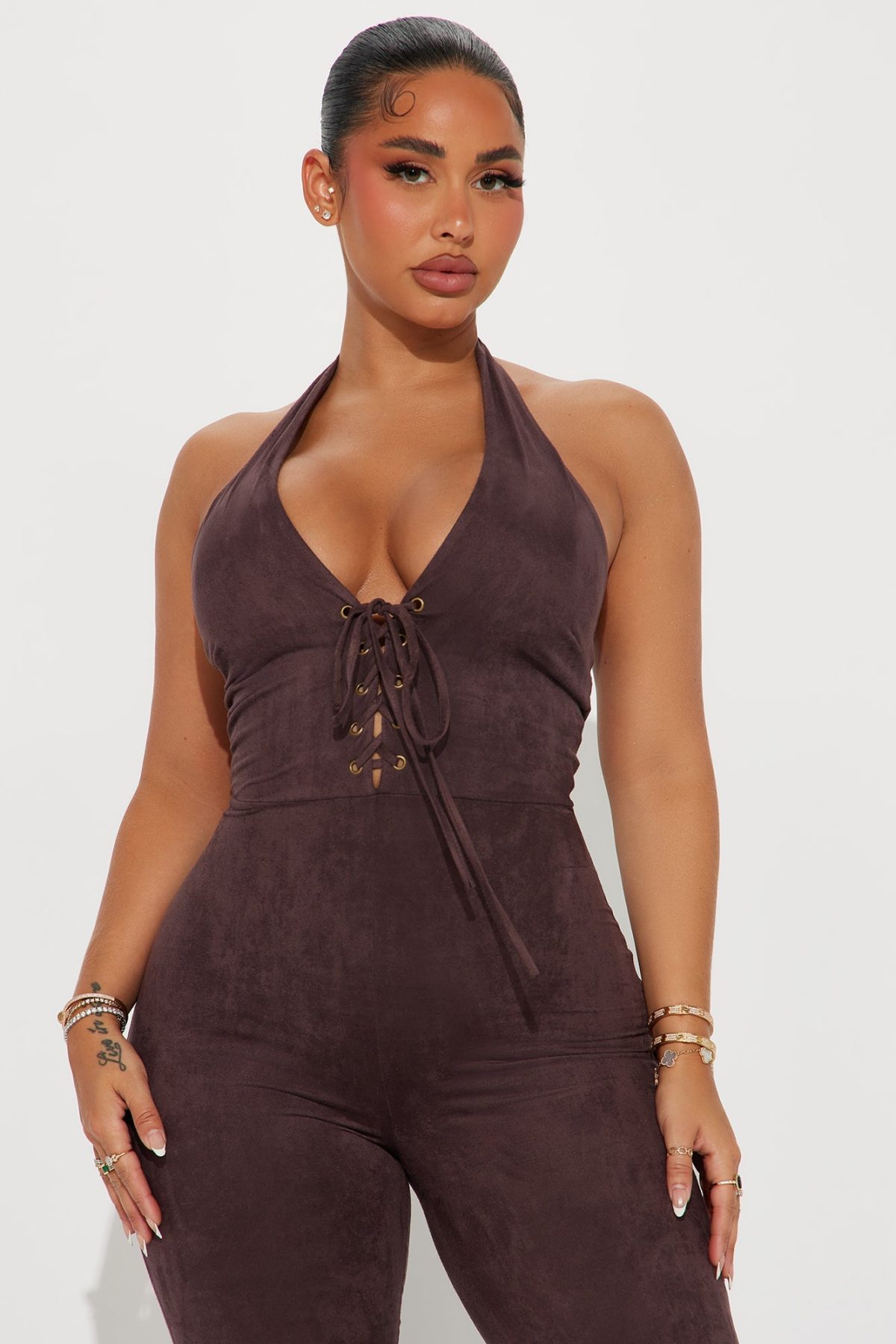 Country Girl Faux Suede Jumpsuit - Brown