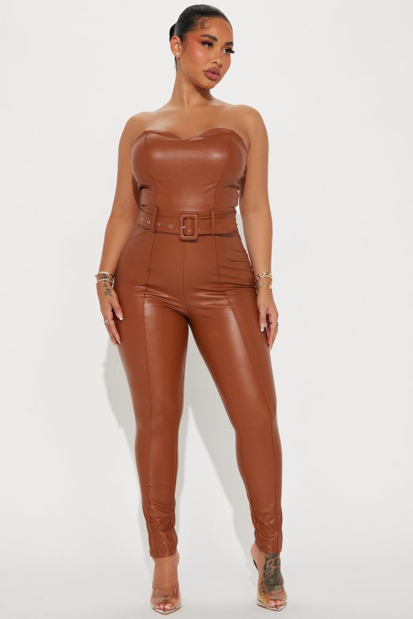 Find Time Faux Leather Jumpsuit - Camel