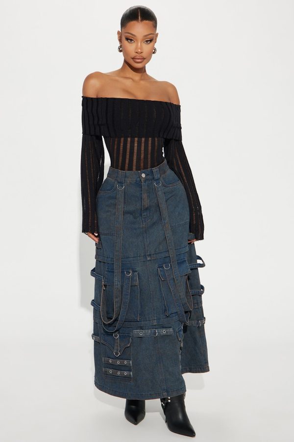 On Replay Washed Denim Cargo Maxi Skirt - Dark Wash