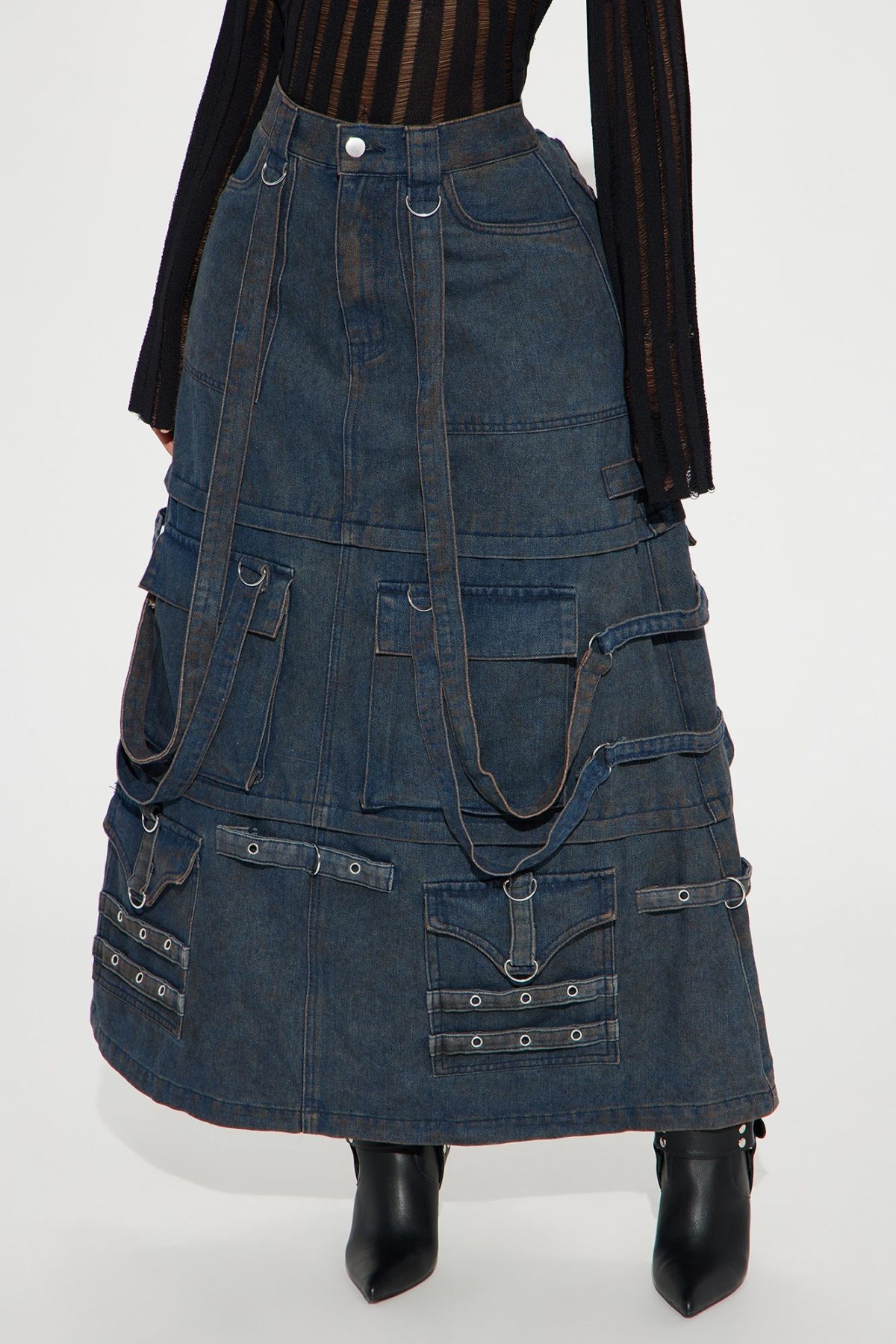 On Replay Washed Denim Cargo Maxi Skirt - Dark Wash