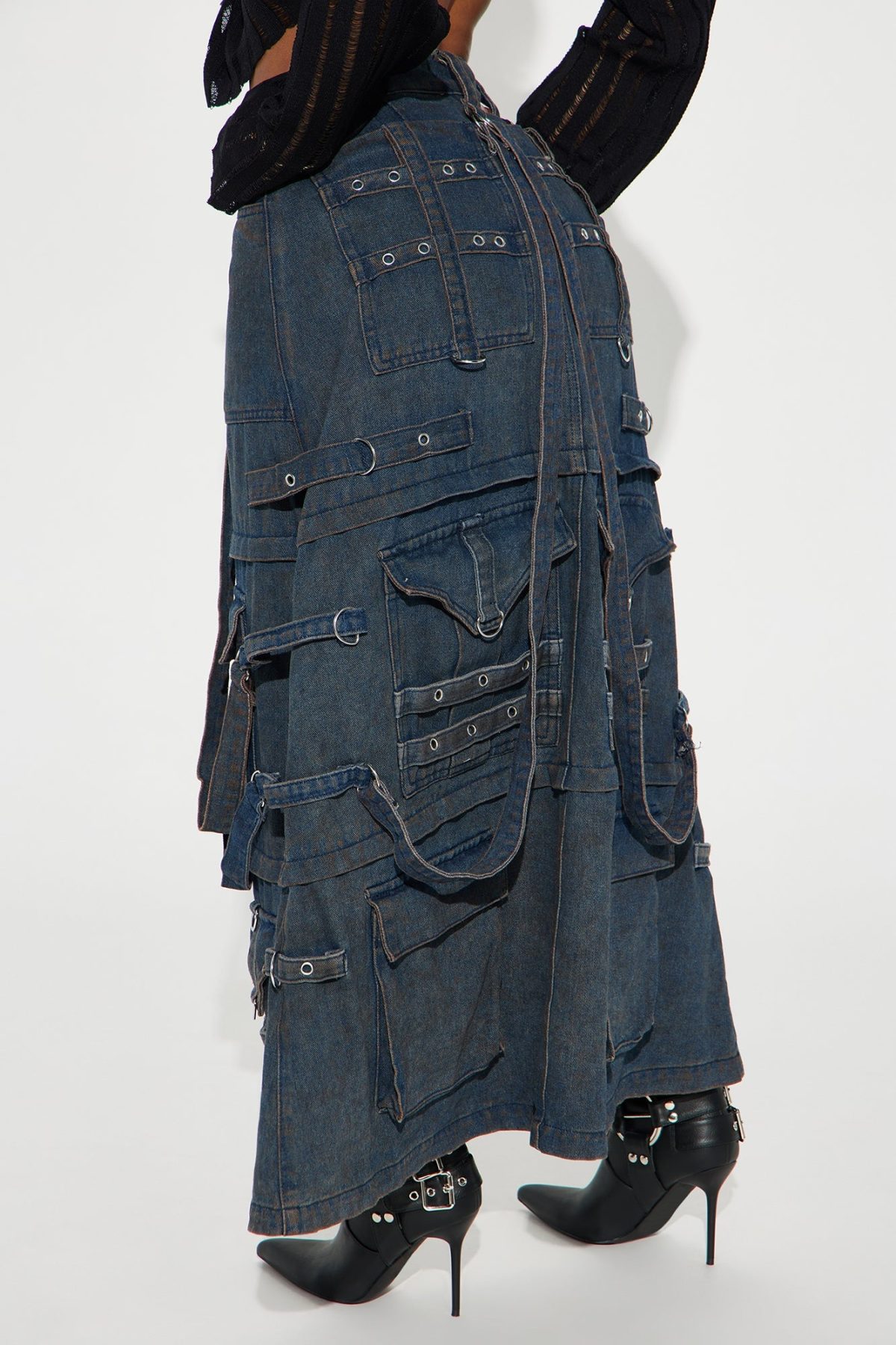 On Replay Washed Denim Cargo Maxi Skirt - Dark Wash