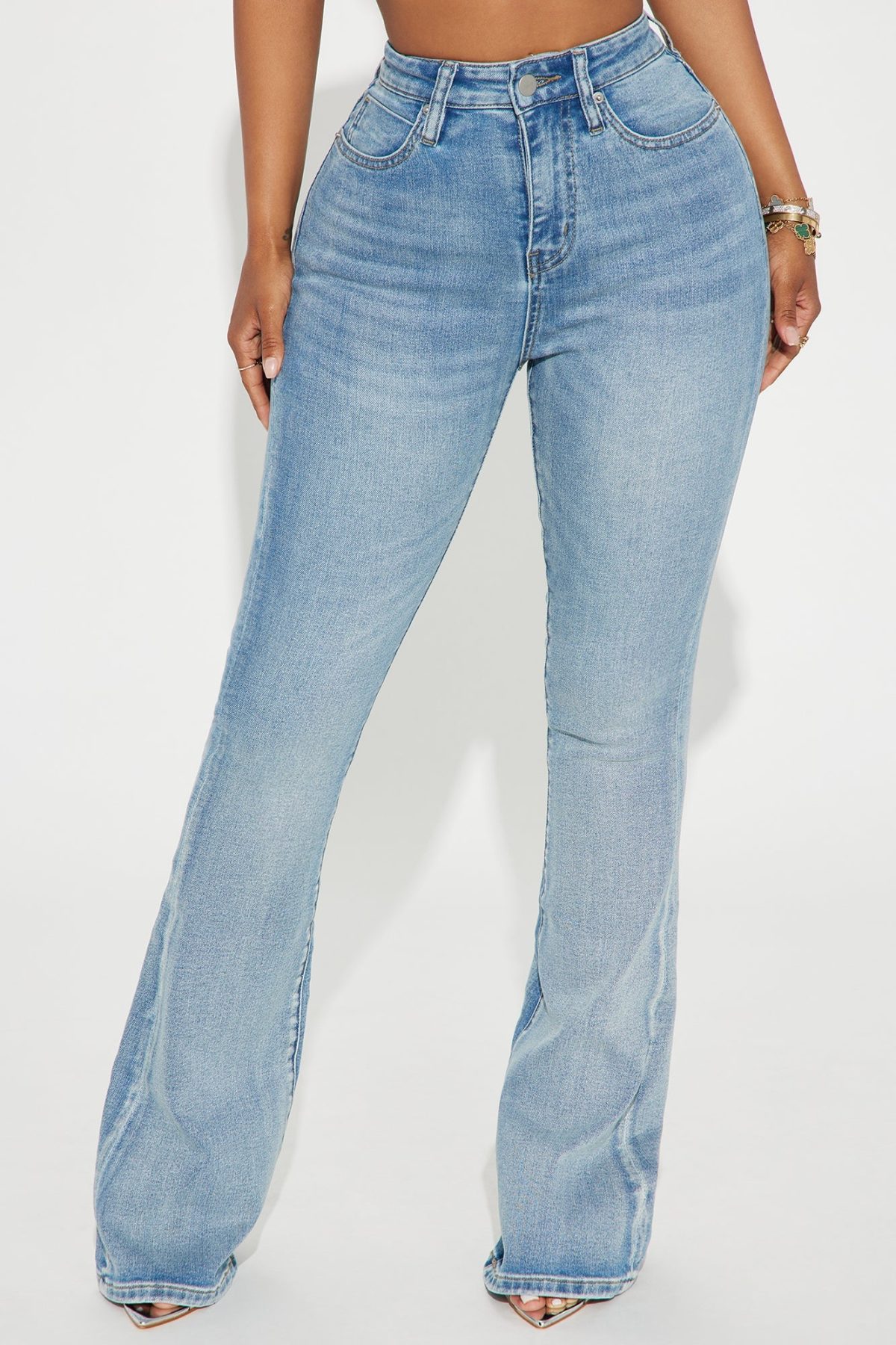 Taking Flight Butterfly Embellished Stretch Flare Jeans - Medium Wash