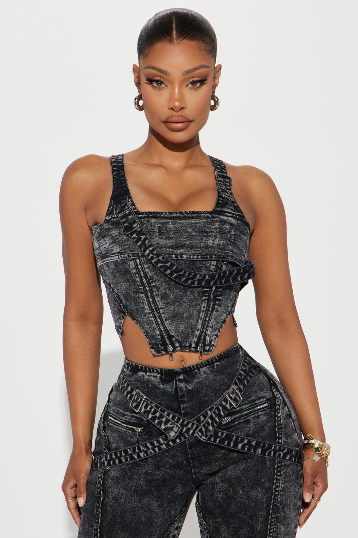 Without Warning Strappy Denim Top - Acid Wash Black