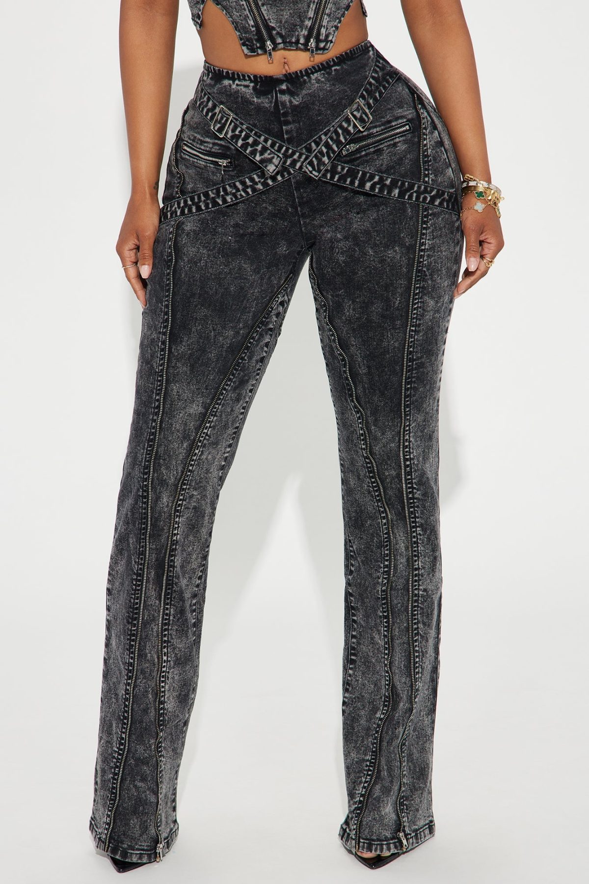 Without Warning Strappy Stretch Flare Jeans - Acid Wash Black