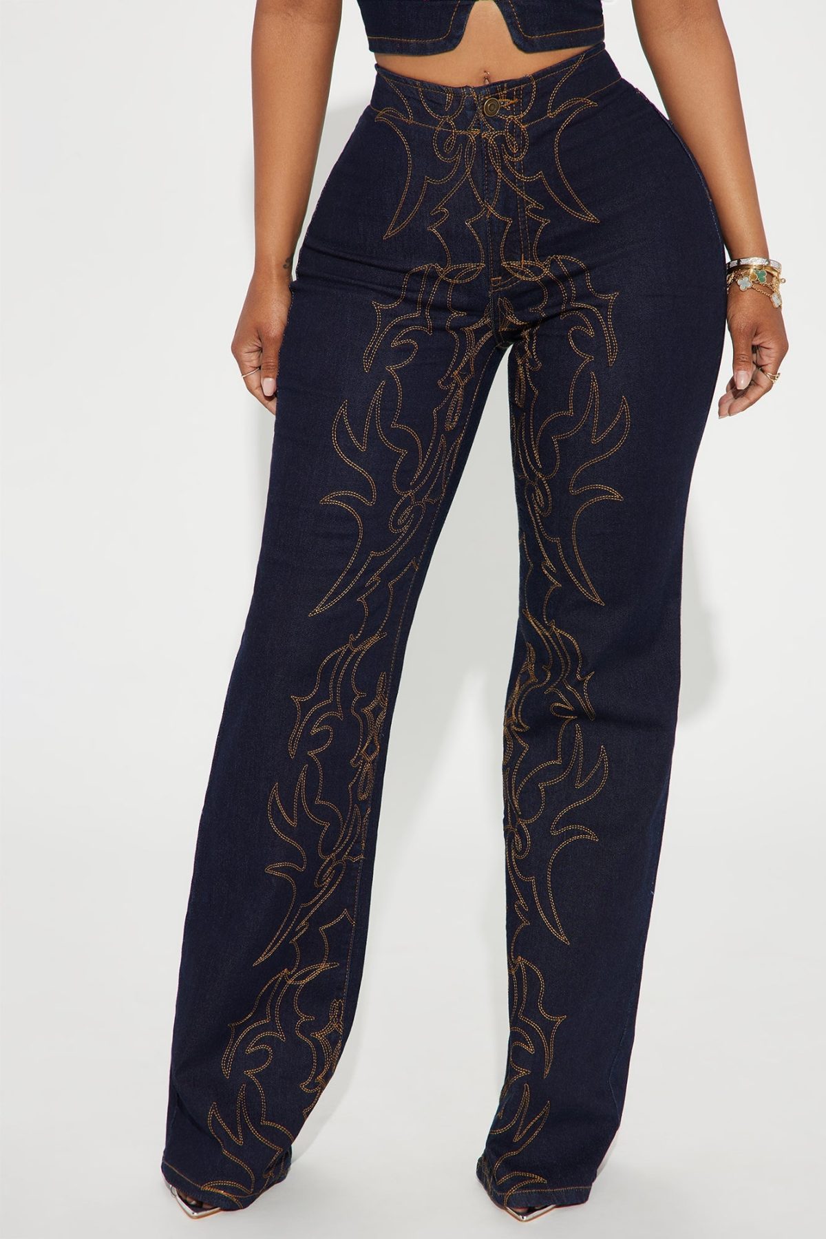 Take The Reigns Embroidered Stretch Wide Leg Jeans - Dark Wash