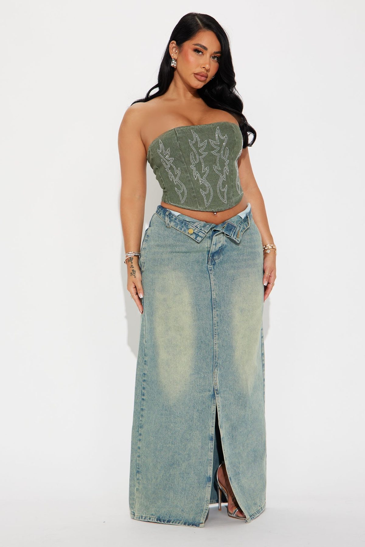 Frankie Foldover Tinted Denim Maxi Skirt - Medium Wash