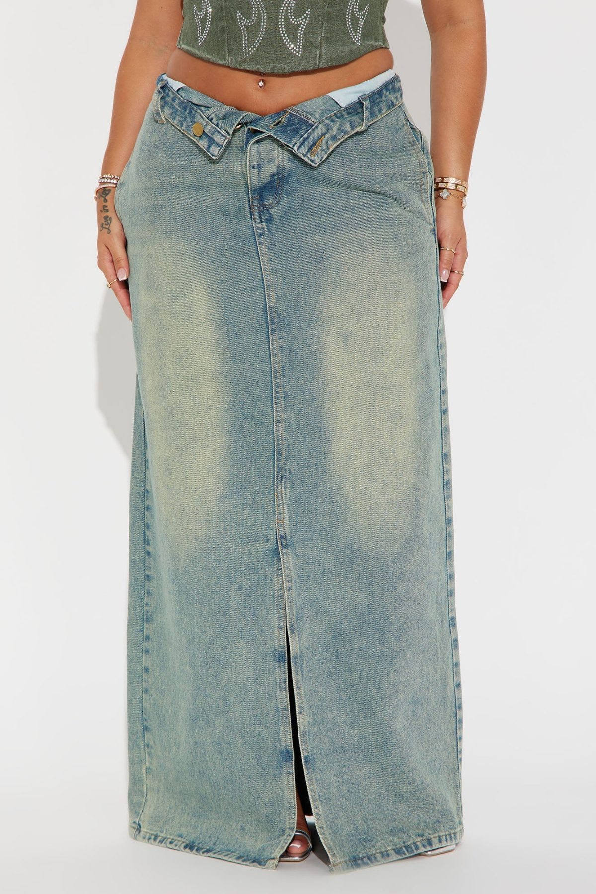 Frankie Foldover Tinted Denim Maxi Skirt - Medium Wash