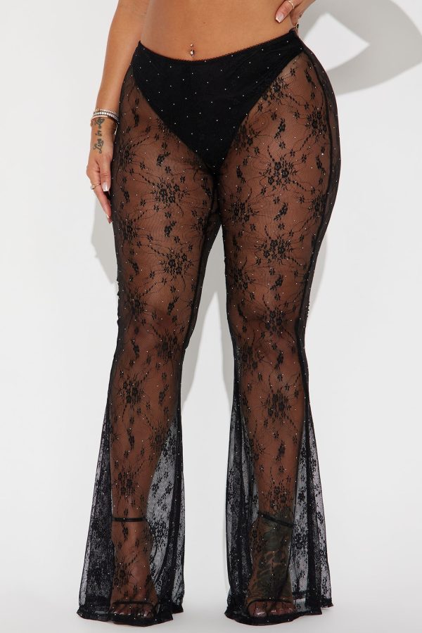 Cheers Babe Embellished Lace Flare Pant - Black