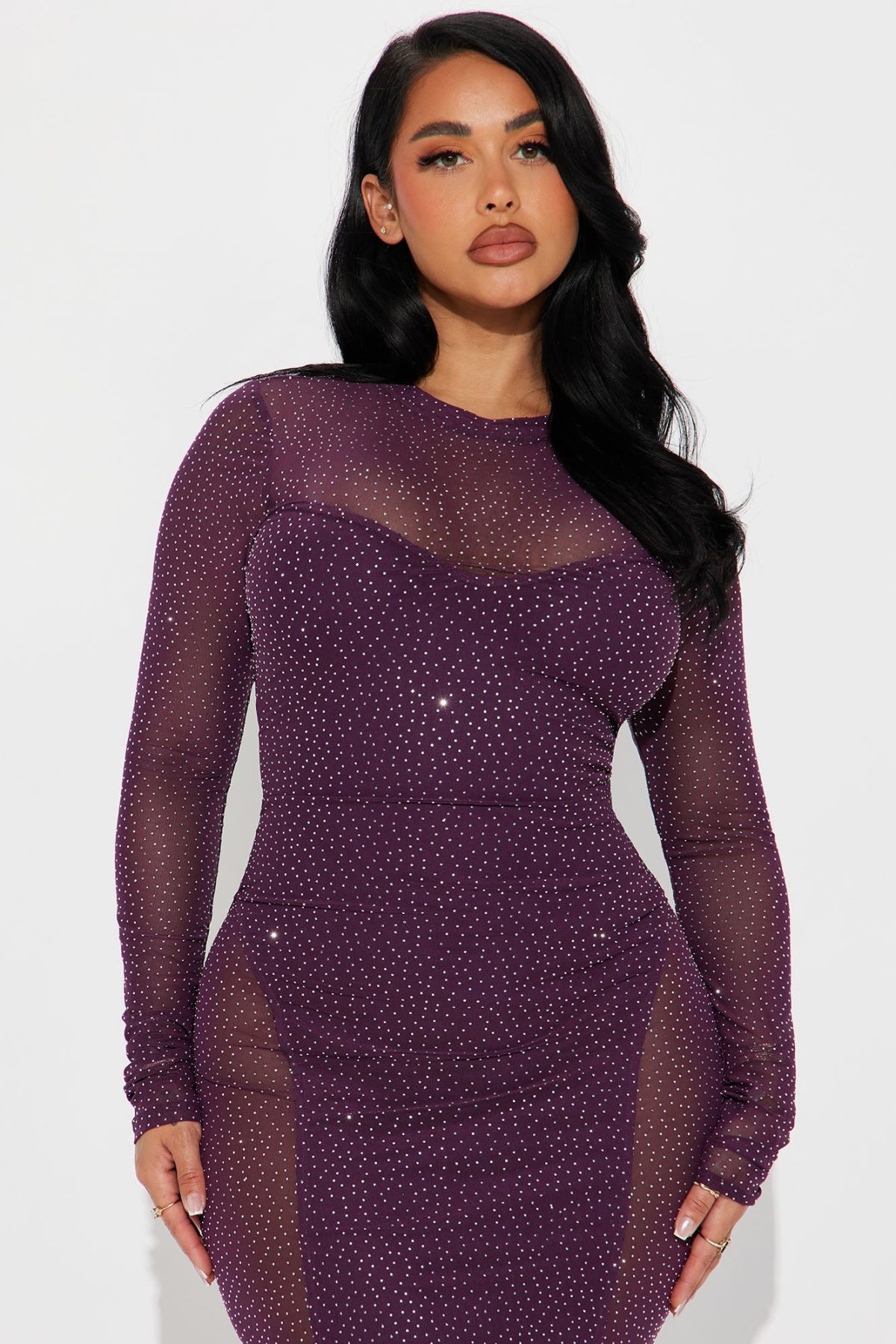 Deep Love Rhinestone Mesh Maxi Dress - Eggplant