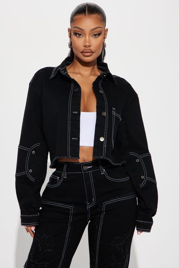 Seeing You Tonight Cropped Denim Jacket - Black