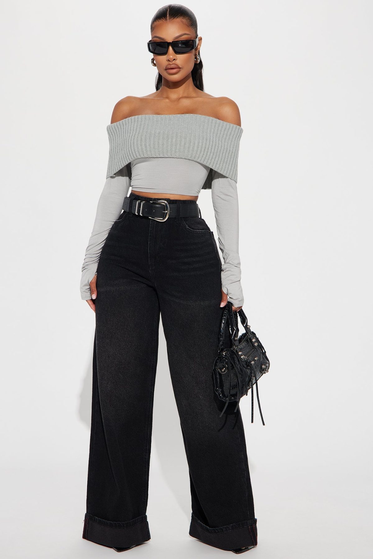 Good Days Cropped Off Shoulder Sweater - Grey