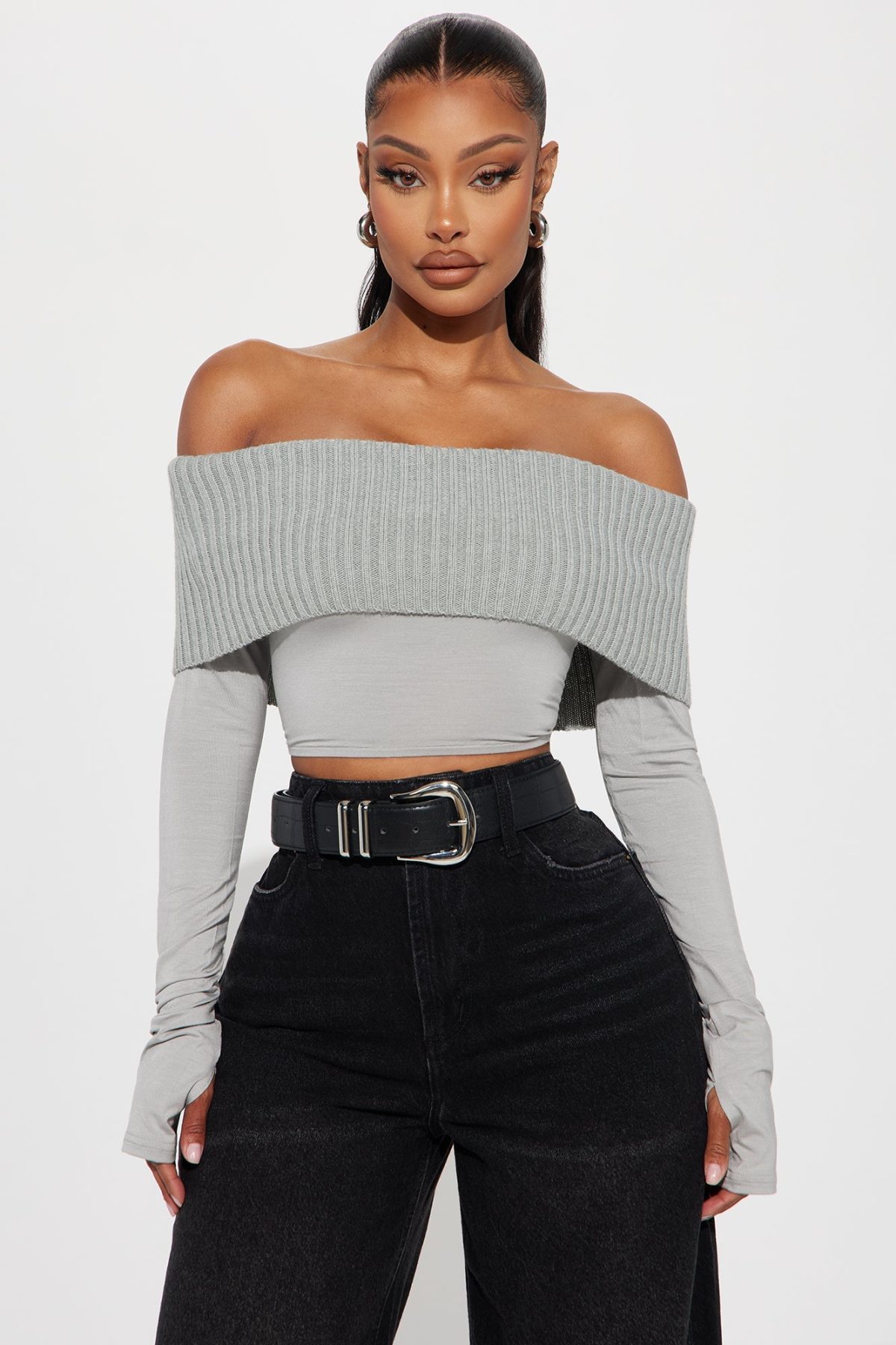 Good Days Cropped Off Shoulder Sweater - Grey