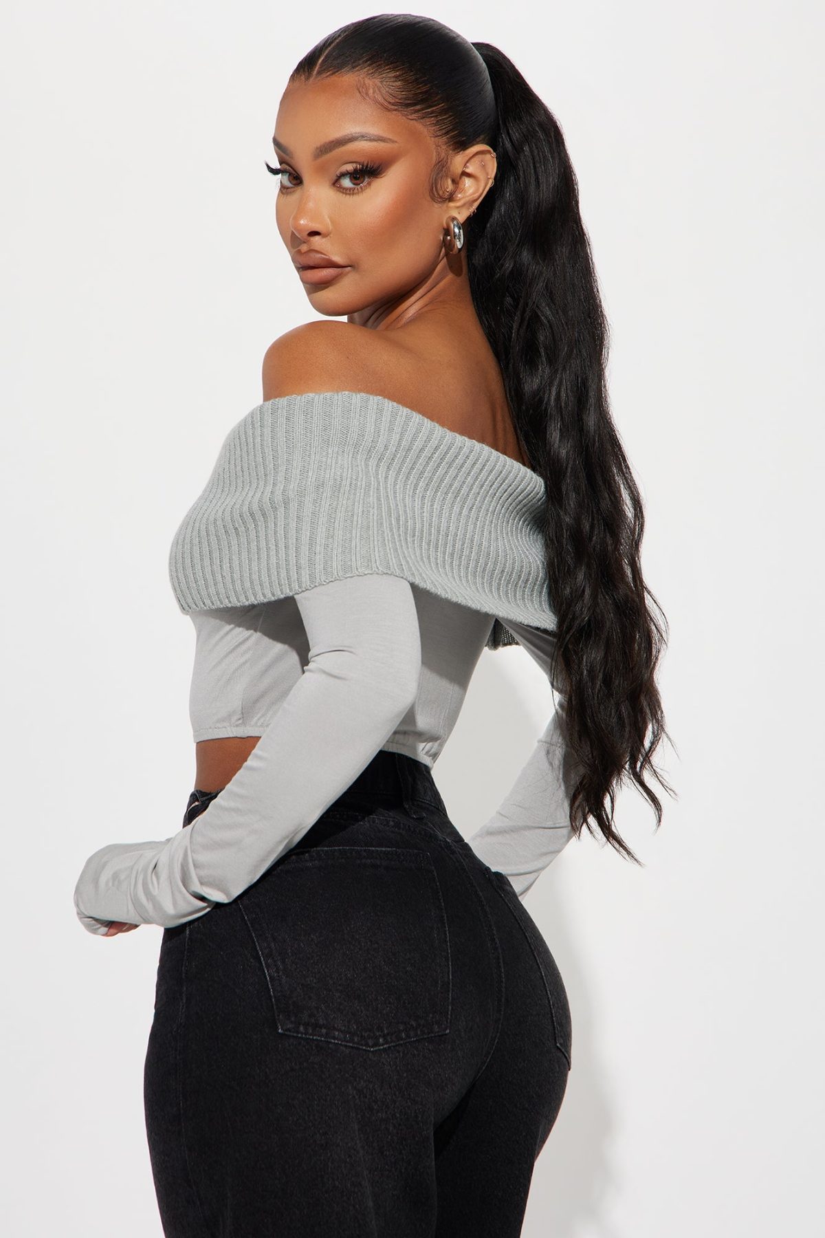 Good Days Cropped Off Shoulder Sweater - Grey