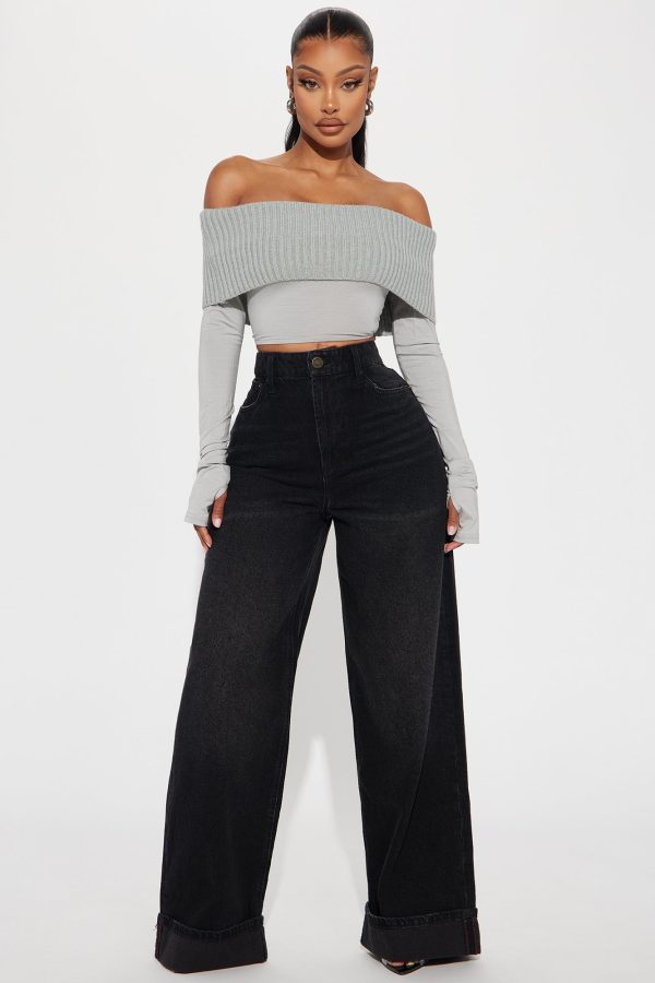 Anika Cuffed Wide Leg Jeans - Black Wash