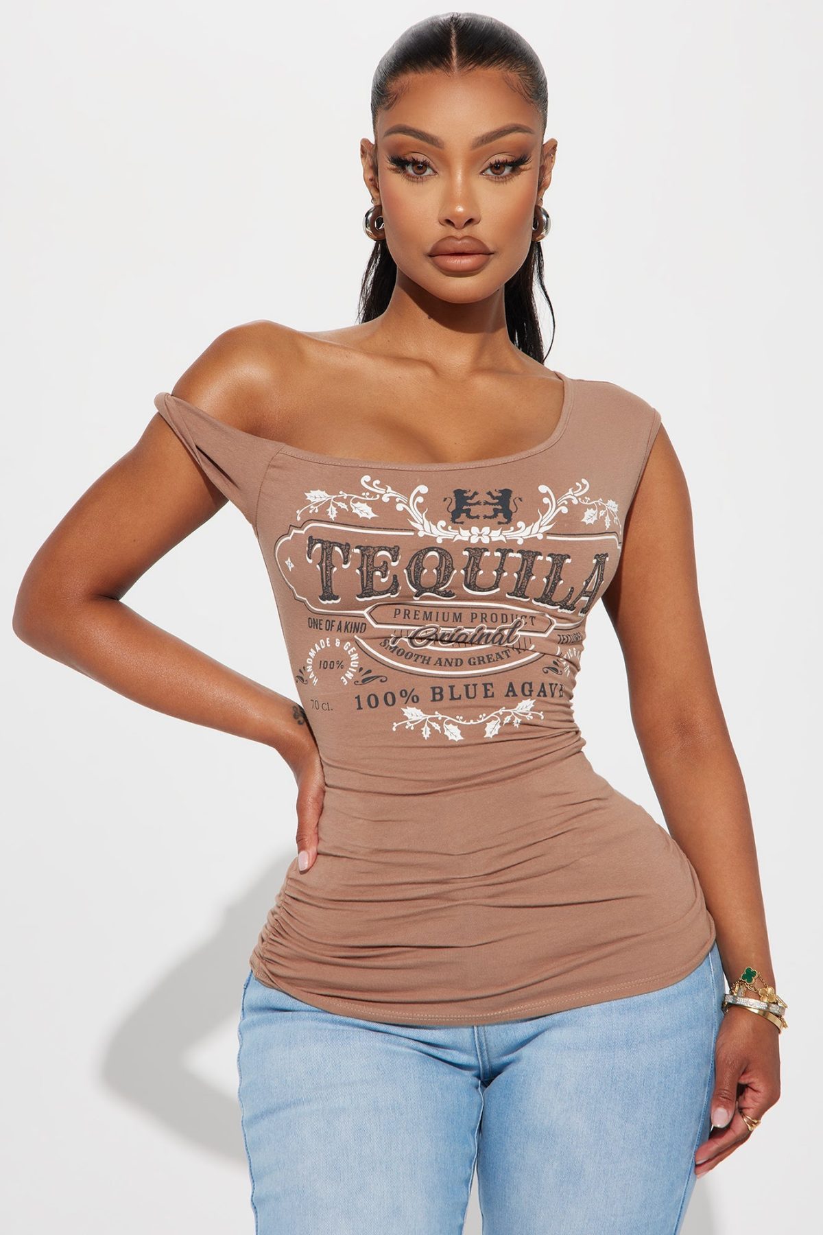 Tequila Shot Ride One Shoulder Top - Mocha