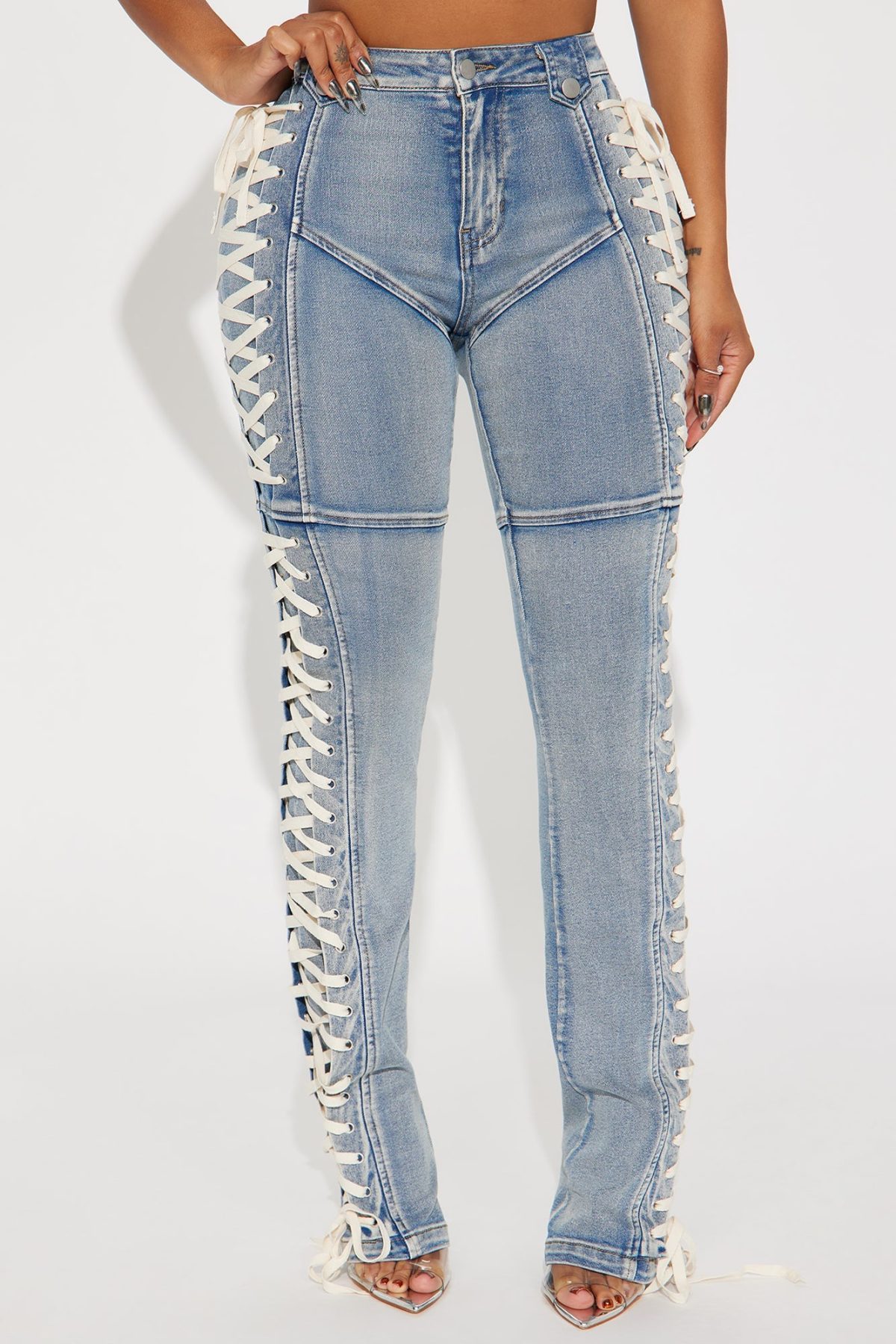 Jaw Dropper Stretch Lace Up Bootcut Jeans - Medium Wash