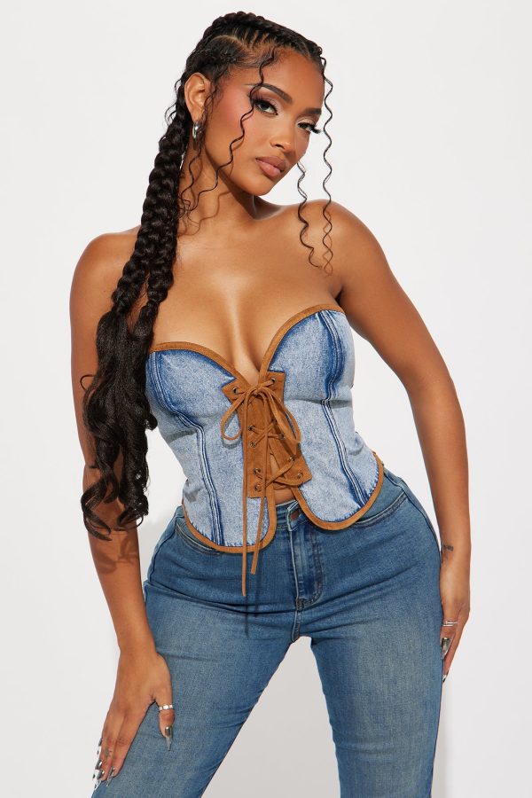 Heartbreak Hotel Washed Corset Top - Acid Wash Blue