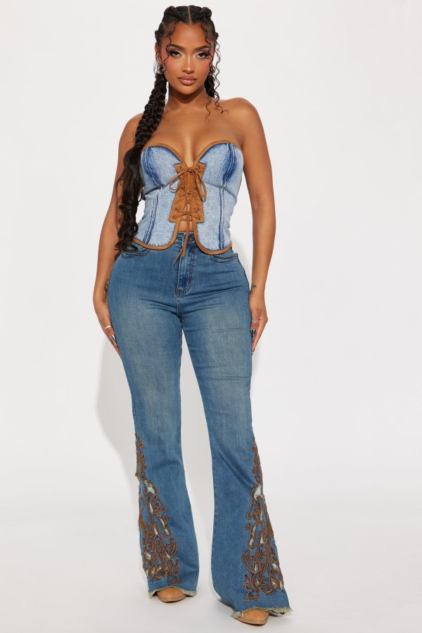 Glow Up Embroidered Stretch Flare Jeans - Medium Wash