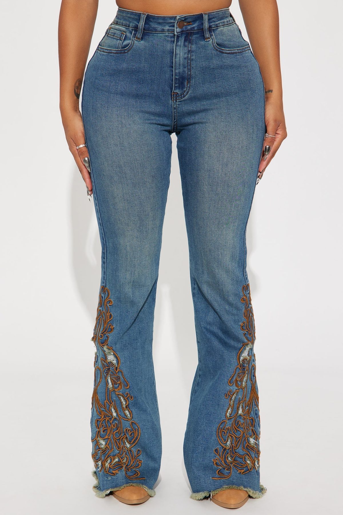 Glow Up Embroidered Stretch Flare Jeans - Medium Wash