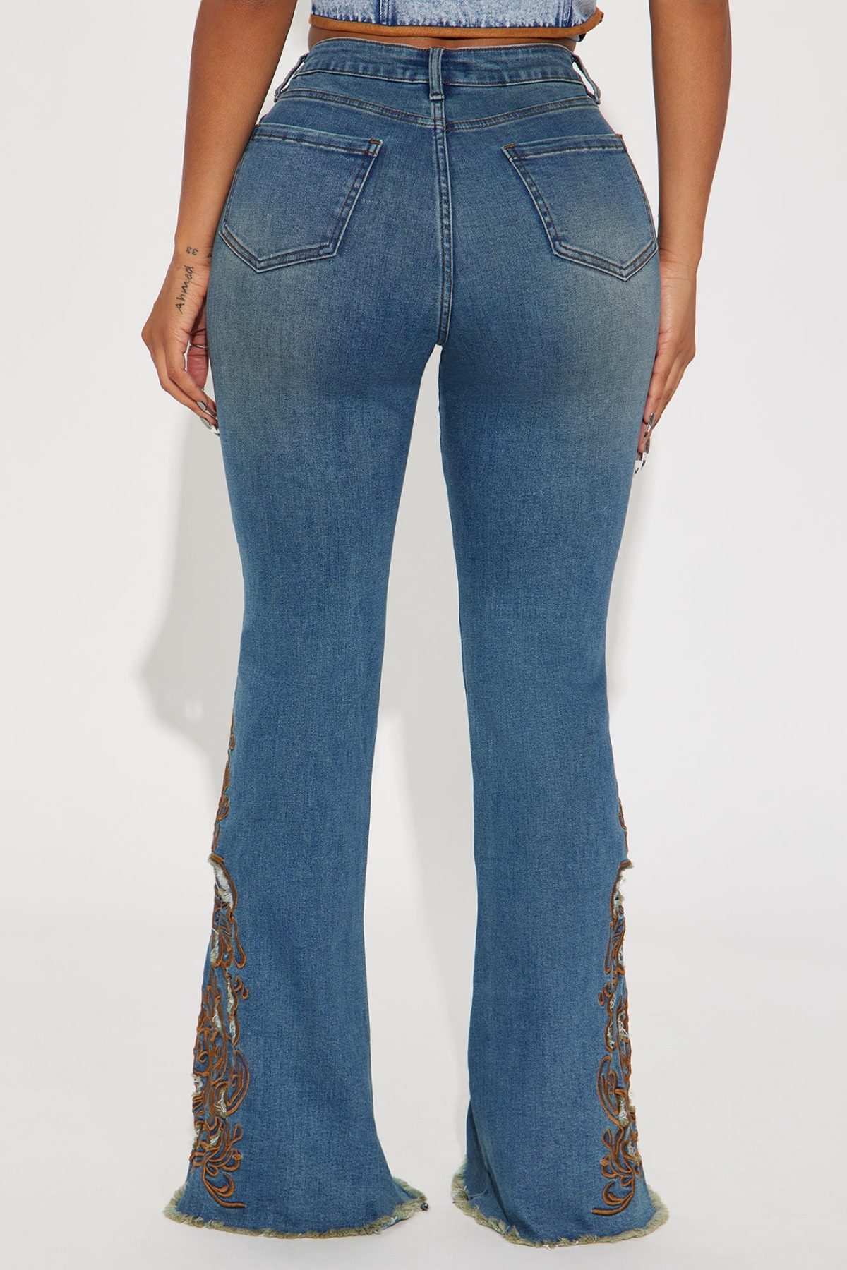 Glow Up Embroidered Stretch Flare Jeans - Medium Wash