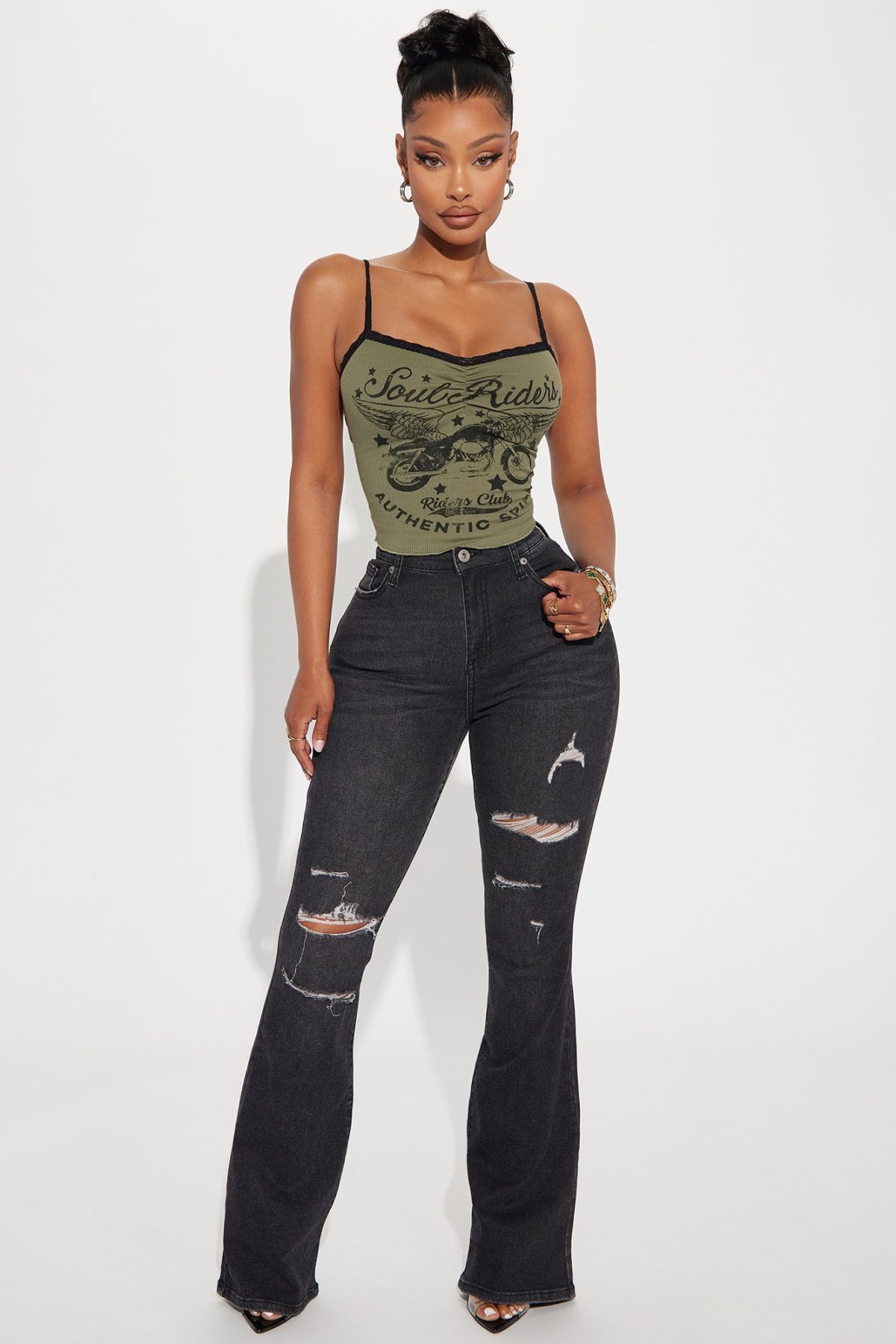 Put On A Show Ripped Stretch Flare Jeans - Black Wash