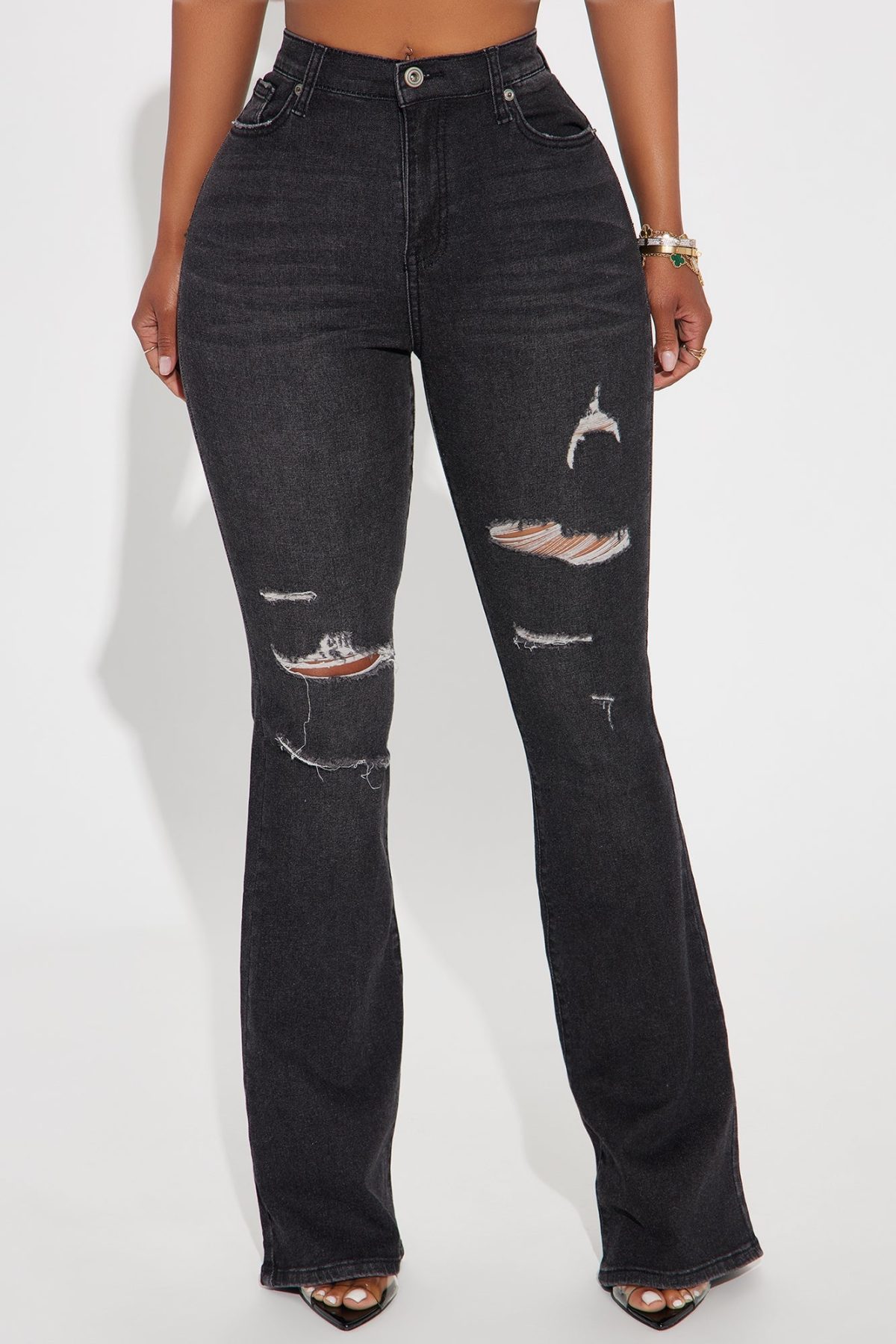 Put On A Show Ripped Stretch Flare Jeans - Black Wash