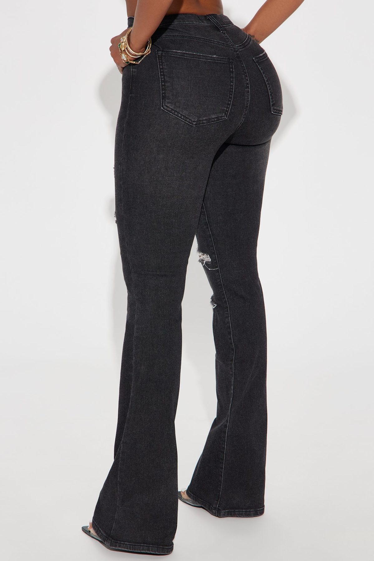 Put On A Show Ripped Stretch Flare Jeans - Black Wash