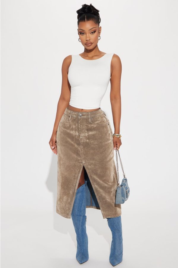 Jane Velvet Denim Midi Skirt - Brown