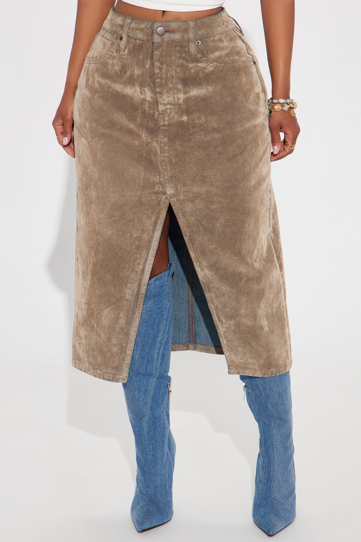 Jane Velvet Denim Midi Skirt - Brown