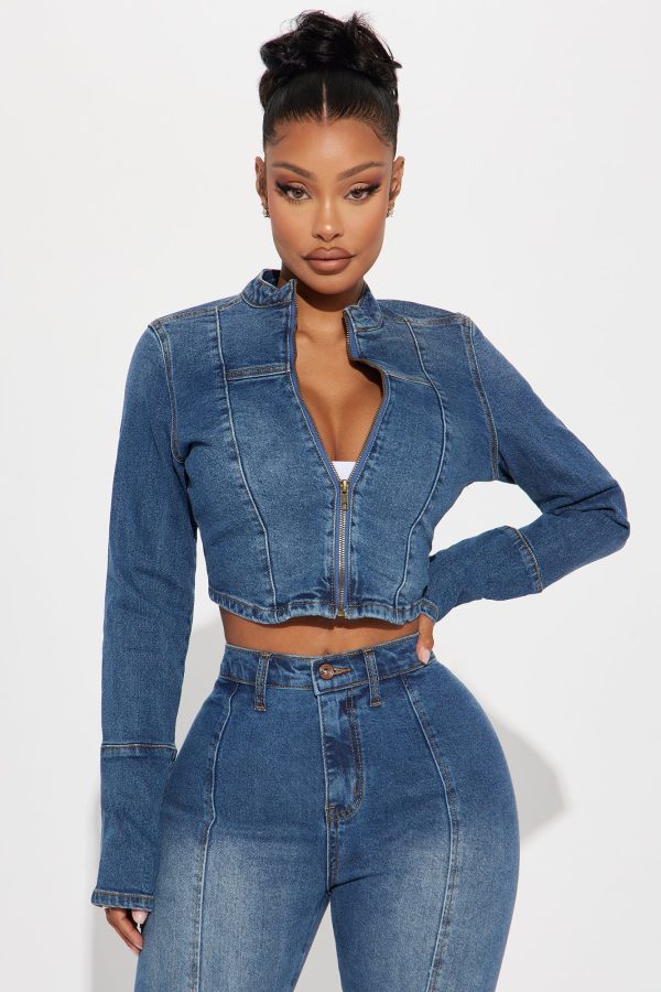 Tagging Along Stretch Denim Moto Jacket - Medium Wash