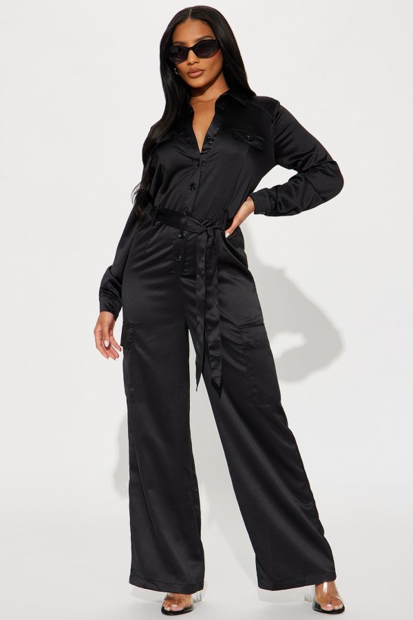 Get With It Satin Jumpsuit - Black