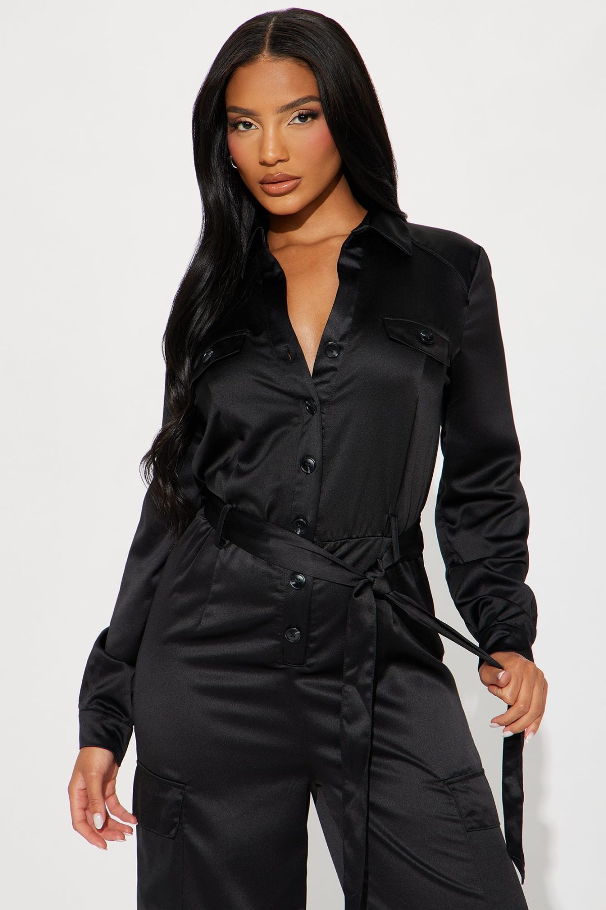 Get With It Satin Jumpsuit - Black