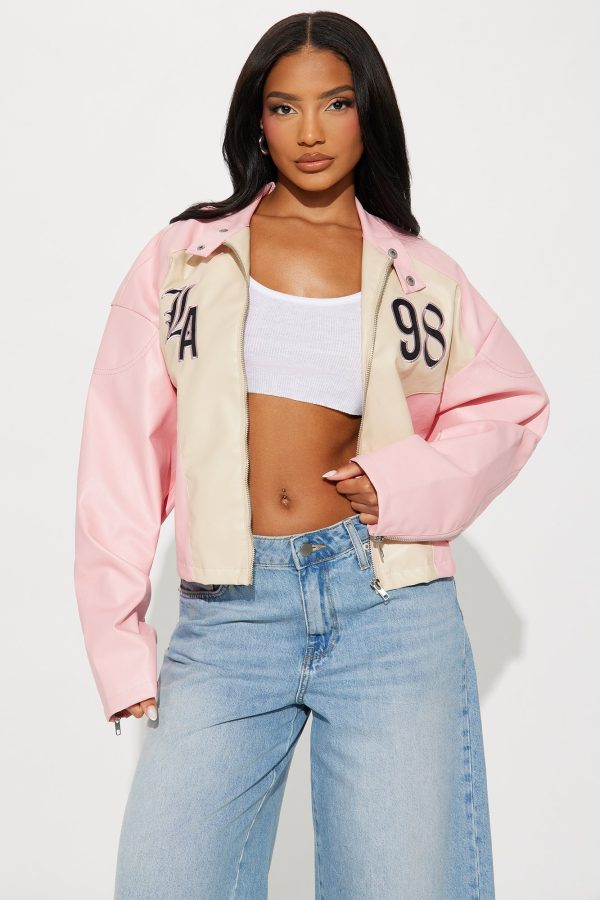 LA Official Faux Leather Moto Jacket - Pink/combo