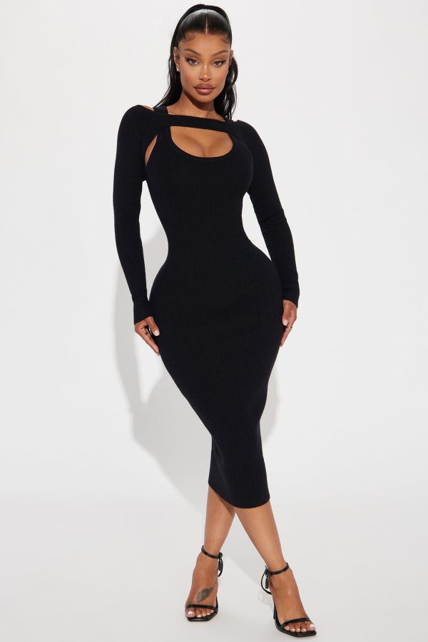 Cold Shoulder Sweater Maxi Dress - Black