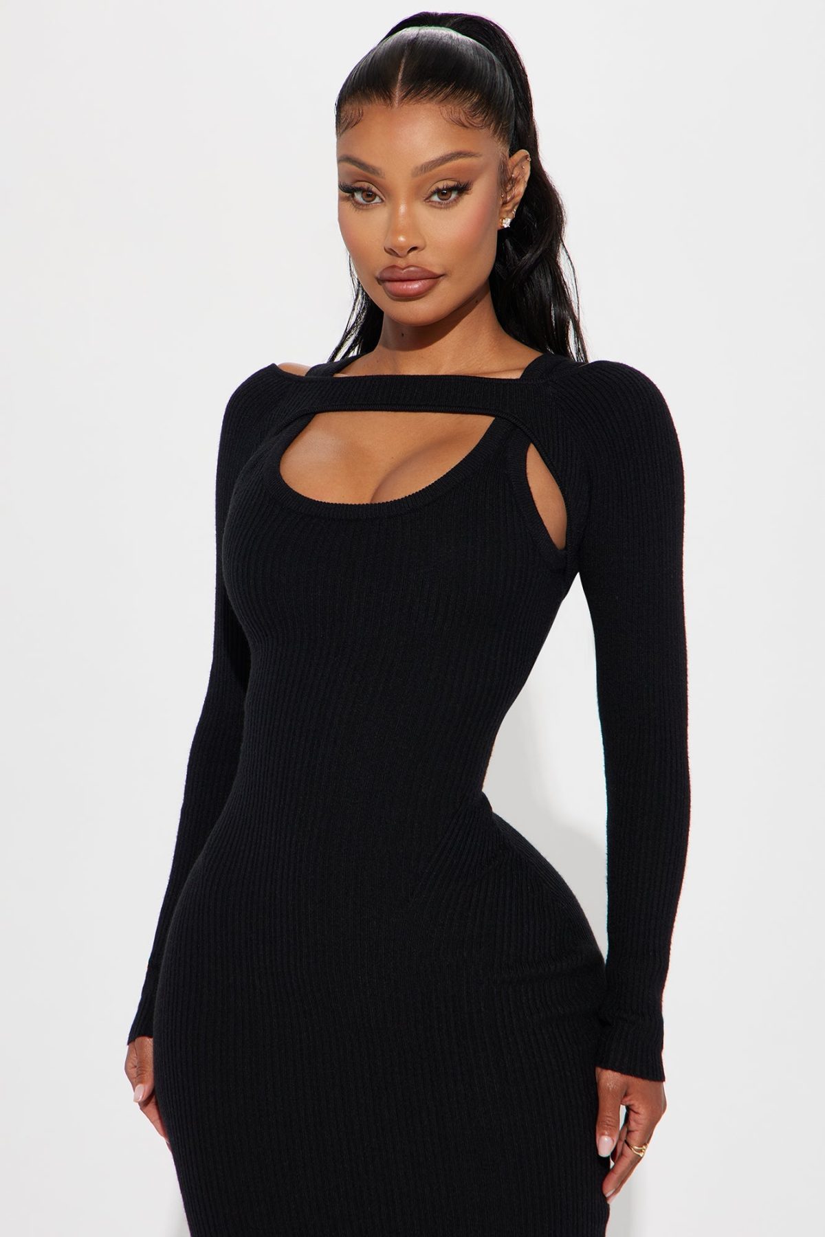 Cold Shoulder Sweater Maxi Dress - Black