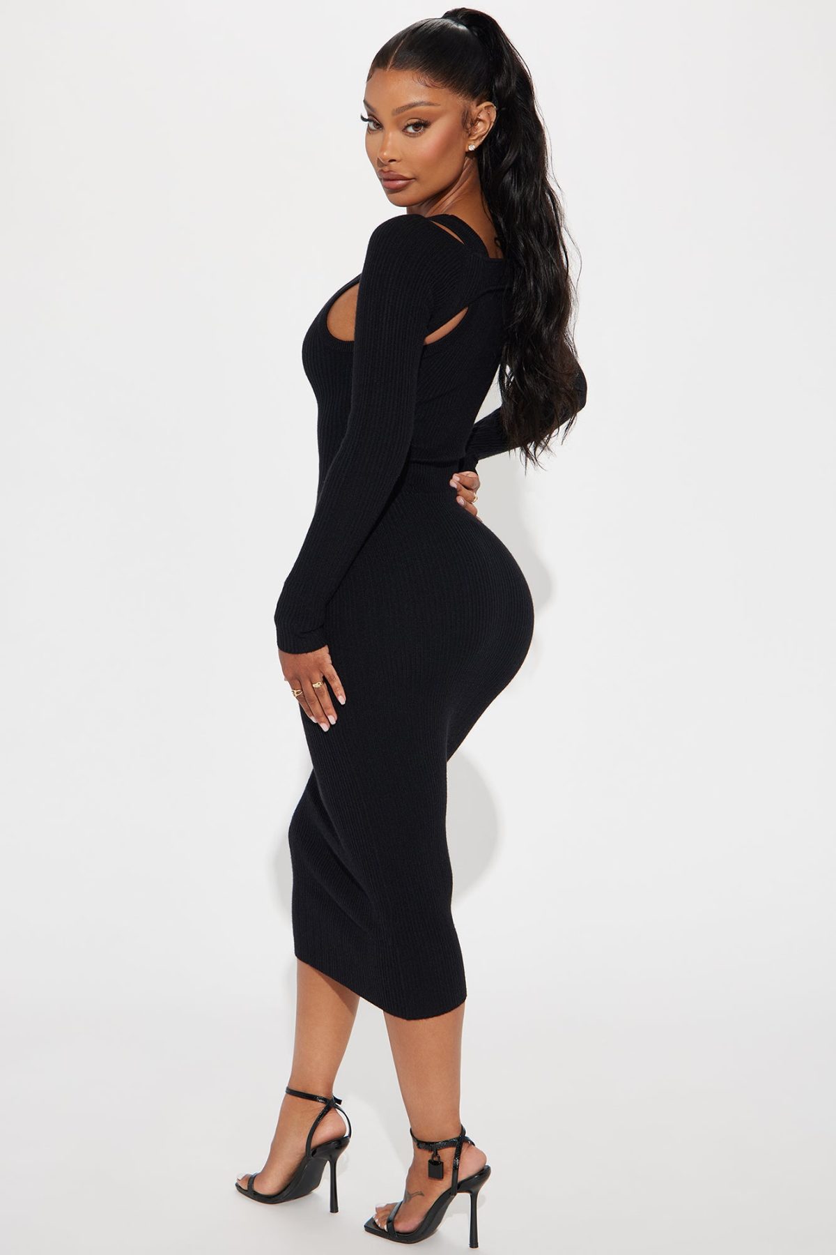 Cold Shoulder Sweater Maxi Dress - Black