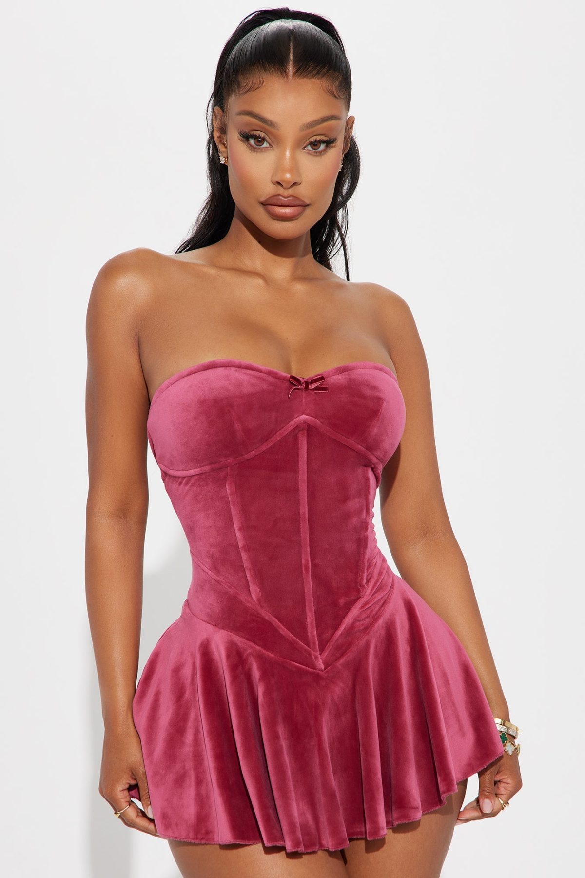 Lily Corset Velour Mini Dress - Wine