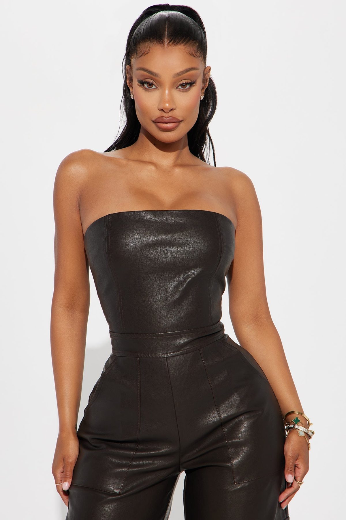 All The Beauty Faux Leather Jumpsuit - Brown