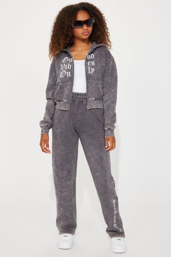 Mini Good Vibes Washed Wide Leg Sweatpant Set - Grey/combo