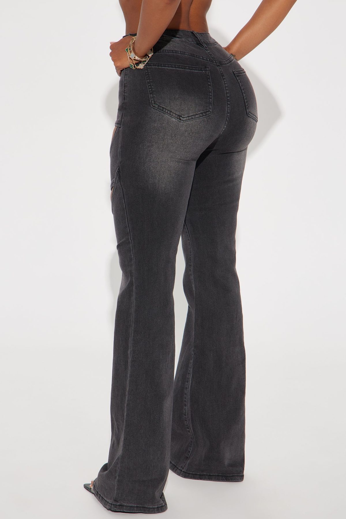 Showing Up Cut Out Stretch Flare Jeans - Black Wash