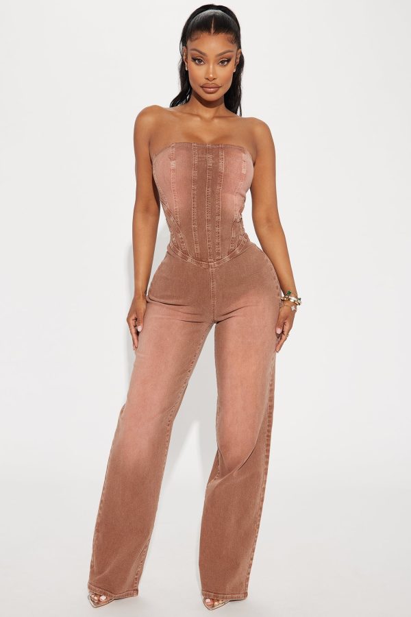 Release The Pressure Denim Jumpsuit - Brown