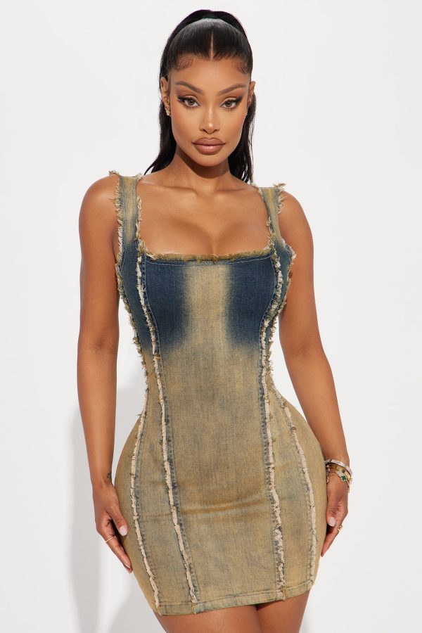 Giddy Up Denim Micro Mini Dress - Tan/Multi