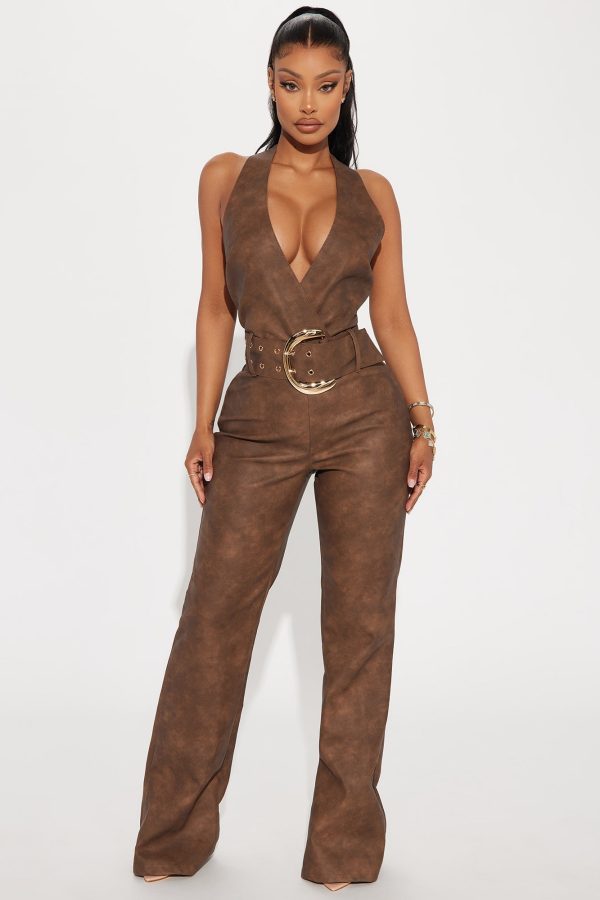 Western Babe Washed Faux Leather Jumpsuit - Brown