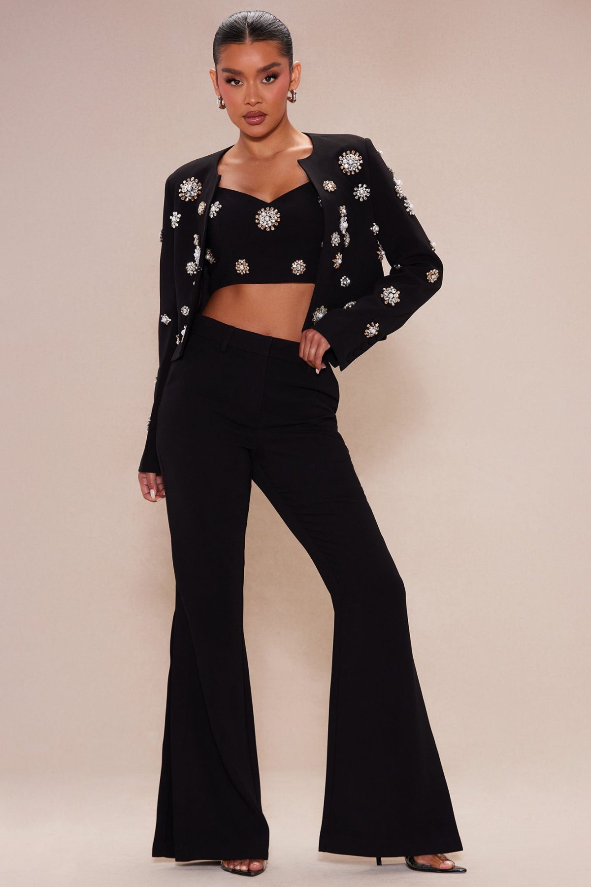 Avah Embellished Blazer Set - Black