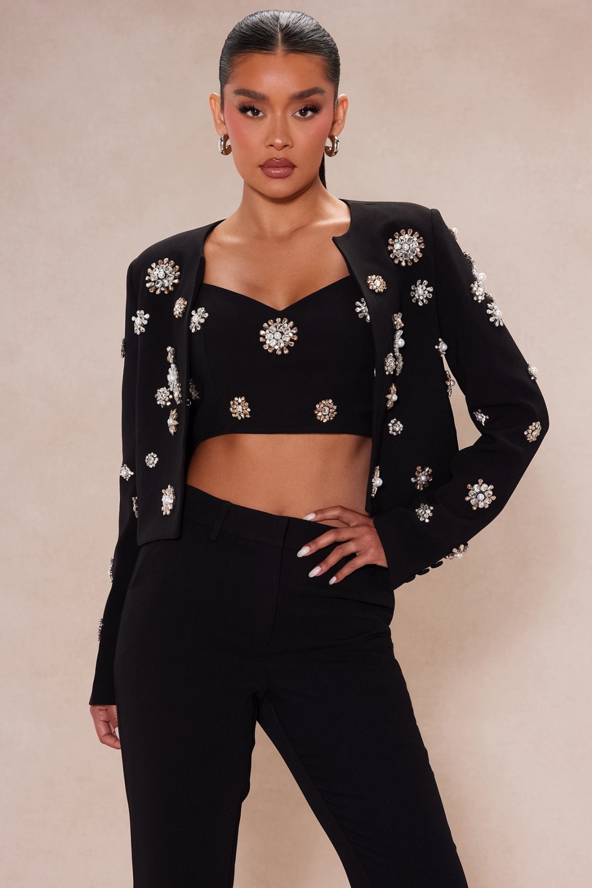 Avah Embellished Blazer Set - Black