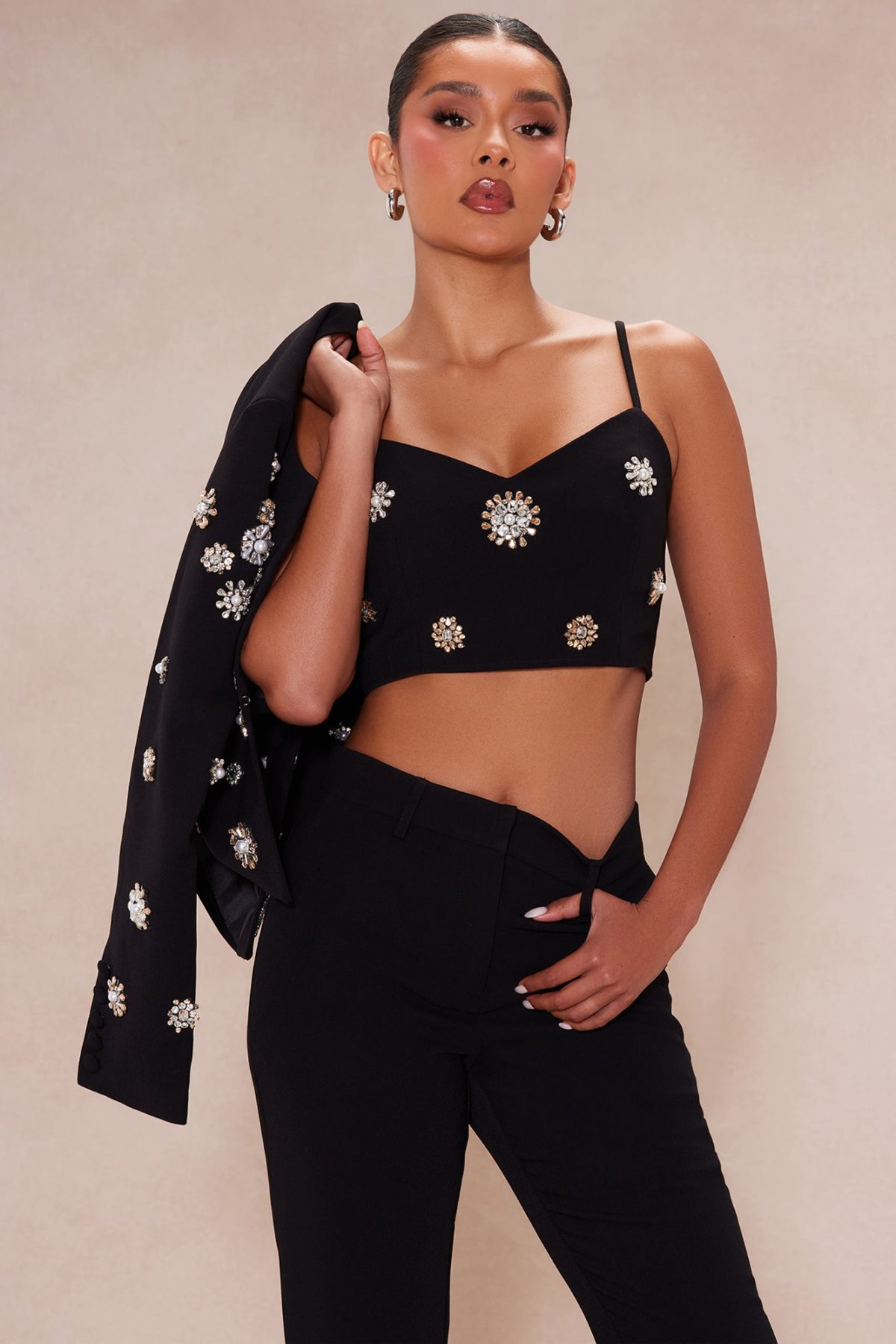 Avah Embellished Blazer Set - Black